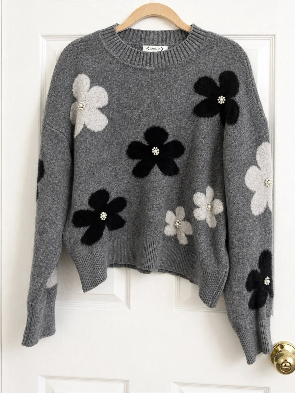 Nanette Nanette Lepore Floral Pearl Sweater Medium Gray Black White